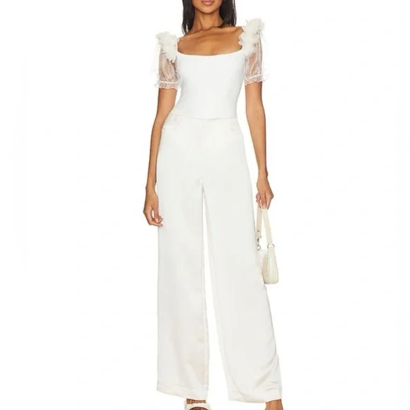 New Free People Floral-Adorned Puff Sleeves Off White Ivory Stretchy Bodysuit